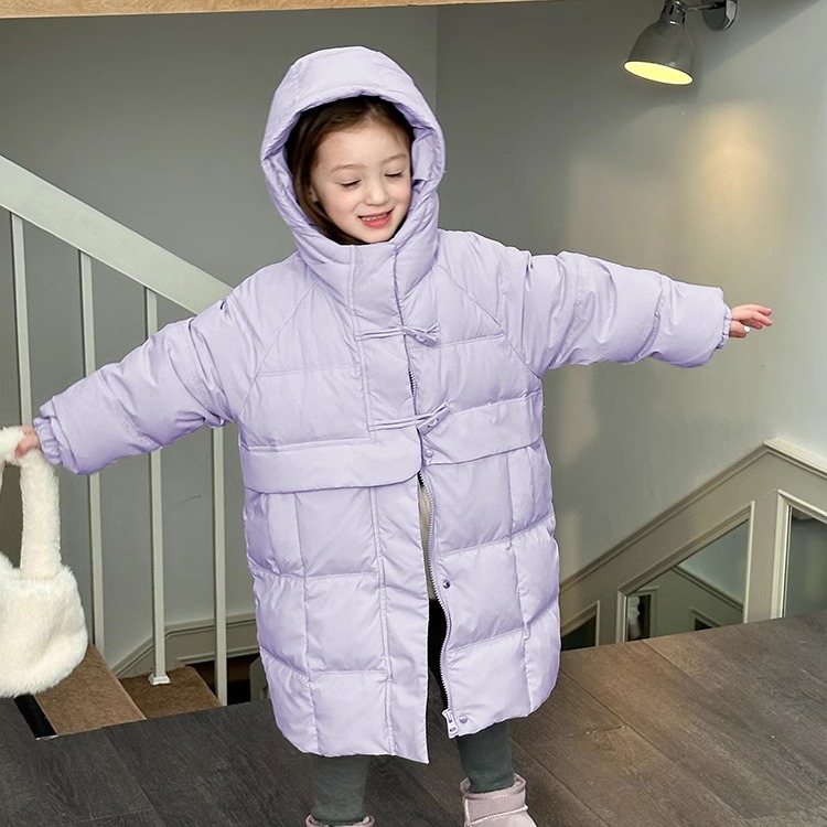 儿童冬季新国标90白鸭绒牛角扣长款连帽羽绒服女童宝宝加厚外套潮 - 图3