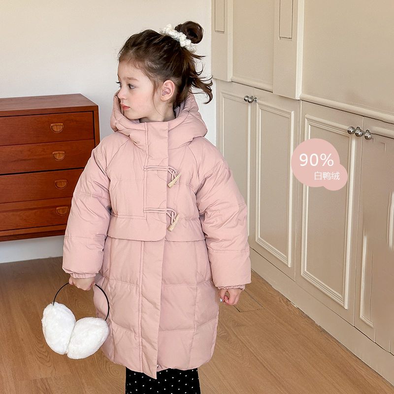 儿童冬季新国标90白鸭绒牛角扣长款连帽羽绒服女童宝宝加厚外套潮 - 图1