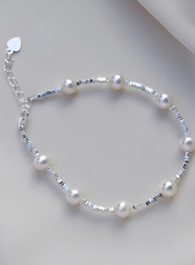 925纯银手链女星光璀璨碎银子正圆施家珍珠小碎银女夏送女友礼物