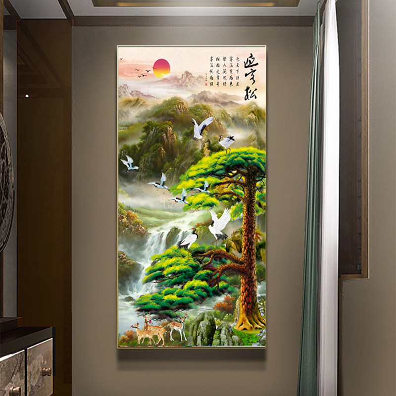 新中式迎客松山水画客厅挂画风水墨招财壁画靠山图进门玄关装饰画_虎窝淘