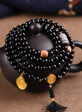 天然黑曜石手链108颗八卦手串