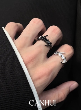 男女黑白月光戒指开口可调节