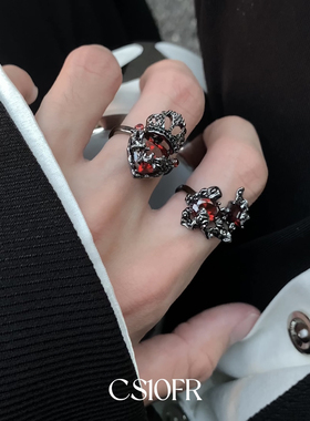 CS1OFR皇冠爱心红月光戒指女小众设计暗黑风个性高级感开口食指戒