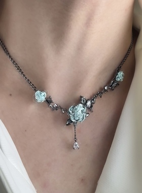 冰透蓝色玫瑰暗黑项链男女小众