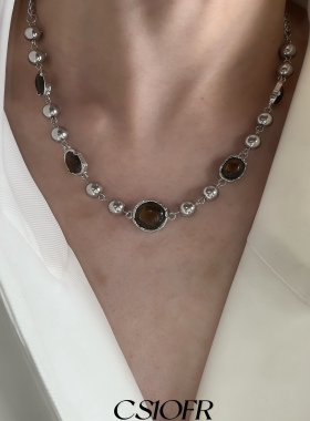 男女虎眼石项链小众设计可调节