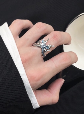 蓝晶月光蝴蝶戒指男女小众设计