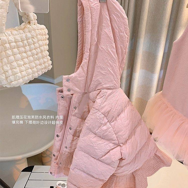 女棉服冬装2023新款洋气粉色荷叶边棉服加厚短款防寒潮流童外套