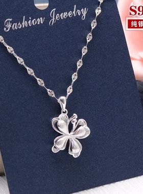 S999纯银项链女锁骨链新款足银拉丝七彩蝴蝶吊坠银首饰情人节礼物