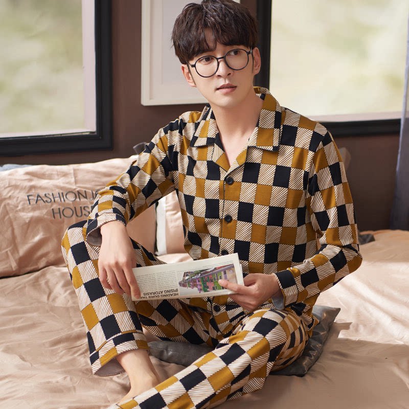 New men's spring and autumn pure cotton long sleeve pajamas