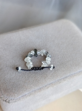 小众设计天然黑发晶碎石戒指指环可调节冷淡风个性简约水晶指环