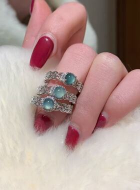 s925银天然蓝水翡翠蕾丝戒指小众高级感欧美轻奢风女