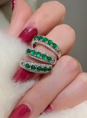 s925银天然阳绿翡翠戒指高级感小清新设计款女戒