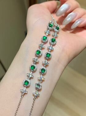 s925银天然阳绿翡翠手链小清新设计款精致