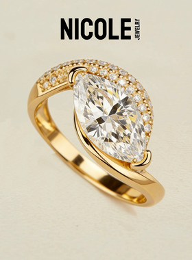 Nicole Jewelry金色拉丝马眼戒指镶嵌莫桑钻微镶小众轻奢纯银戒指