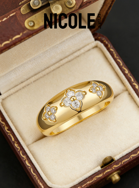 Nicole Jewelry四叶草戒指镶嵌莫桑钻微镶小众轻奢纯银戒指轻奢