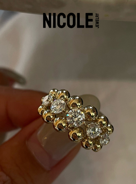 NICOLE JEWELRY 金双层圆珠排钻戒指 复古宽版闪钻叠戴指环S925