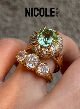 Nicole Jewelry 复古雕花三石戒指 双色爪镶仿真钻宫廷风纪念礼物
