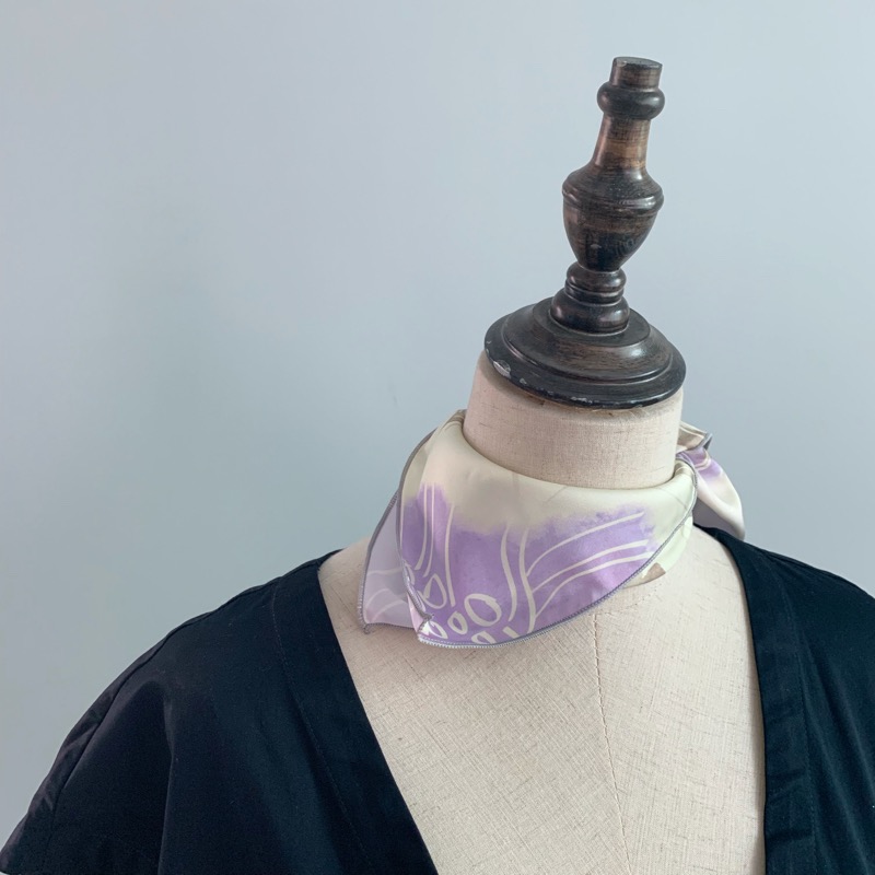 Flora春夏温柔的浅紫淡黄撞色水彩花卉画花朵韩版方巾丝巾小领巾 - 图0