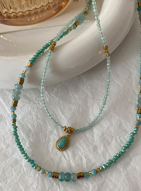 正品天然蓝色天河石项链女水滴多巴胺锁骨链设计感毛衣链配饰串珠