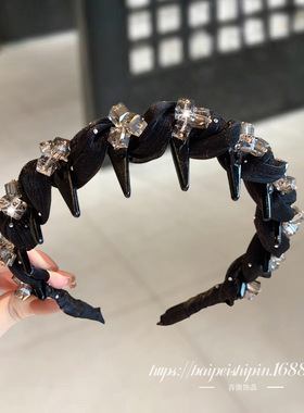 正品韩系重工满钻黑色缠绕发箍轻奢感减龄带钻高颅顶带齿梳洗脸压