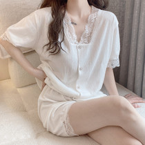 Japanese GP Summer Pure Cotton Pyjamas Woman Thin Section V Collar Short Sleeve Shorts Lace Side Pure color cotton cotton Home Suits Suit 2