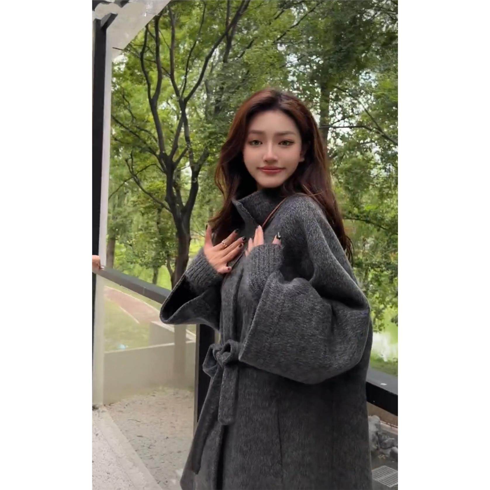 2025秋季斗篷新款立领双面羊毛大衣系带假两件针织袖羊毛呢外套女,淘宝优惠券,粉丝福利购,淘宝优惠卷