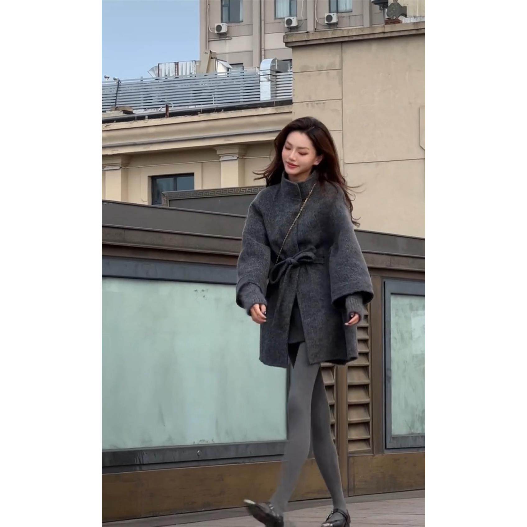 2025秋季斗篷新款立领双面羊毛大衣系带假两件针织袖羊毛呢外套女,淘宝优惠券,粉丝福利购,淘宝优惠卷