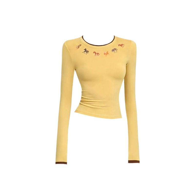 大码胖mm撞色圆领小马印花长袖T恤女秋冬季韩系显瘦绝美正肩上衣,淘宝优惠券,粉丝福利购,淘宝优惠卷