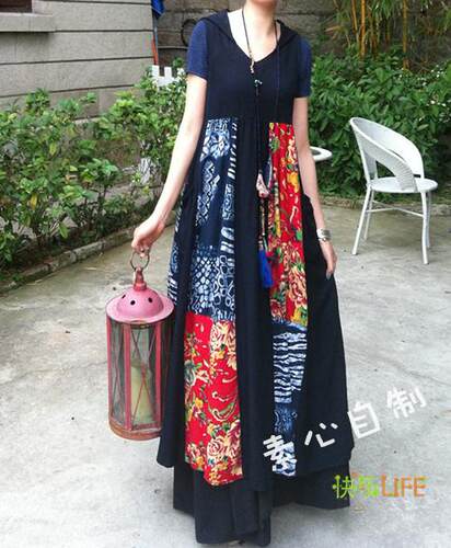 【花之语】素心民族风棉麻连衣裙文艺范女春夏宽松背心裙拼接长裙 - 图0
