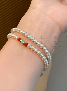 S家珍珠手链女士轻奢高级感复古气质新中式南红色新串珠叠戴手串