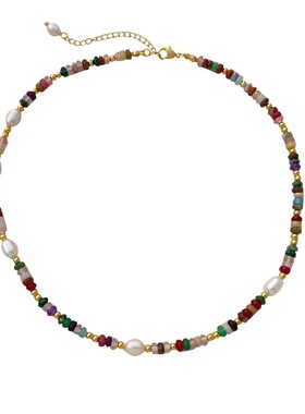天然石彩色串珠淡水珍珠项链颈链
