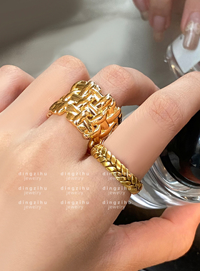 欧美复古金色编织戒指小众轻奢高级感食指戒独特设计金属镂空尾戒