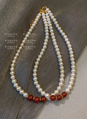 澳白S家珍珠项链女小众精致轻奢气质高级感毛衣链红色串珠锁骨链