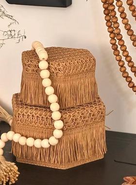 现代中古艺术手工草韵流苏首饰盒创意摆件桌面玄关家居陈列收纳盒