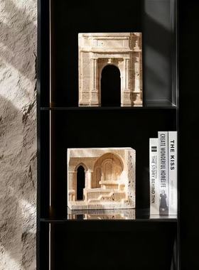 现代简约侘寂风黄洞石建筑模型摆件样板间售楼处大理石雕刻装饰品