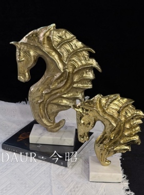 印度进口鎏金马头雕塑摆件大理石底座艺术马首轻奢样板间玄关饰品