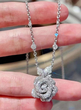 富贵千金满钻玫瑰花项链 女纯银925白金超闪锁骨链高级轻奢名媛潮
