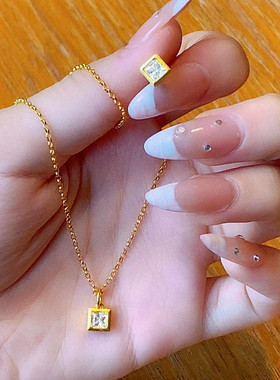 小冰块方钻项链 女纯银镀18K黄金色镶钻方糖锁骨链简约小巧精致潮