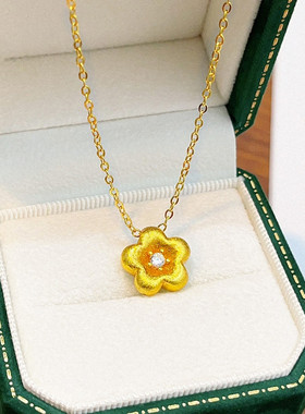 拉丝小金花项链 女纯银镀18K黄金色镶钻花朵吊坠锁骨链设计高级潮