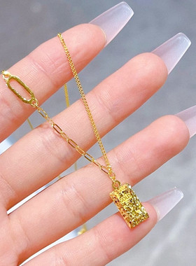 碎冰冰暴富小金条项链 女纯银镀18K黄金色鱼鳞爆闪锁骨链时尚设计