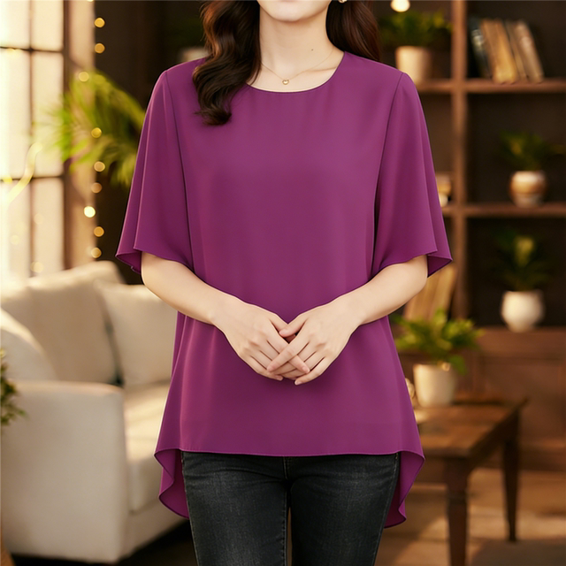 Summer plus size-slimming chiffon ເທິງແຂນສັ້ນ
