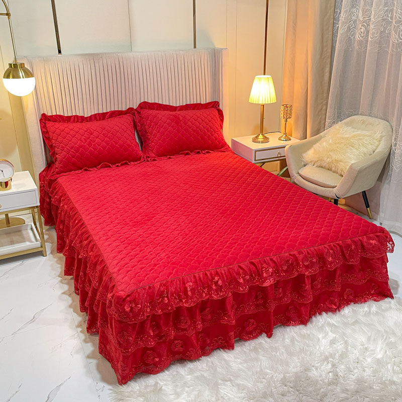 冬季床上珊瑚绒夹棉加厚床裙四件套结婚庆大红色床罩法兰绒纯色被