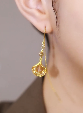长款咖色猫眼石银杏叶耳线气质高级感耳环显脸瘦轻奢耳饰2024新款