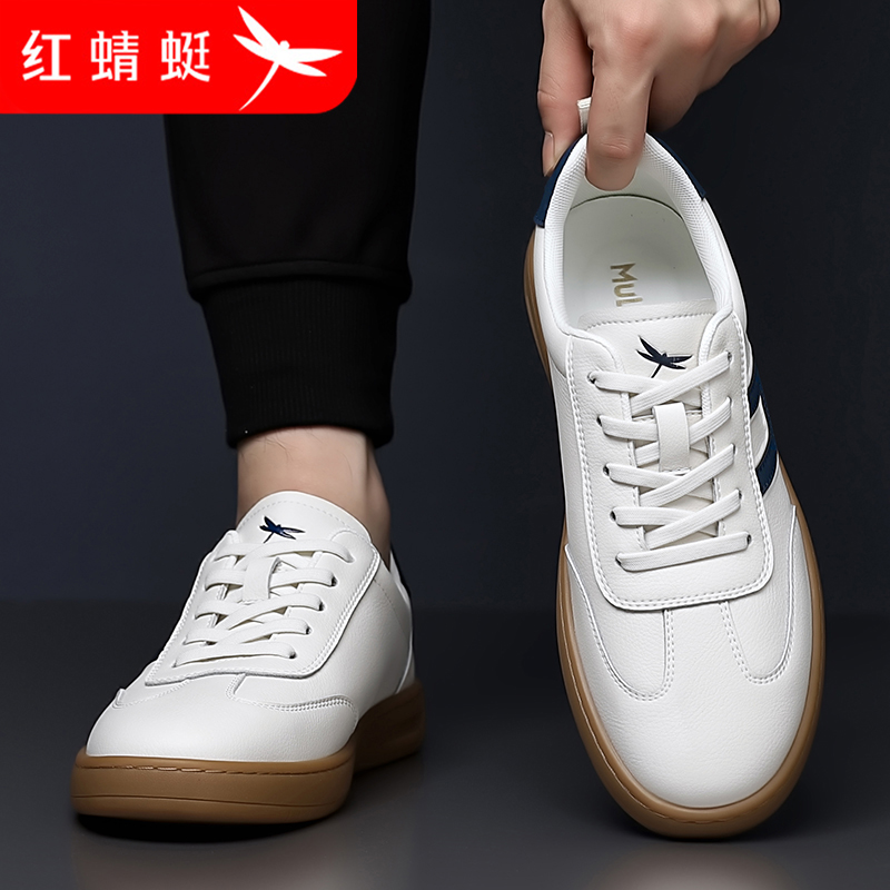 红蜻蜓男鞋秋季新款休闲皮鞋男百搭真皮透气软底小白鞋运动板鞋 - 图3
