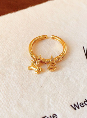 复古小马铜钱戒指金色指环