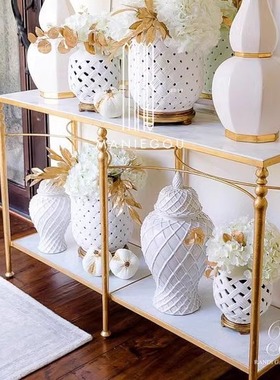 欧式创意轻奢长方形双层天然大理石玄关柜铁艺走廊靠墙玄关桌定制