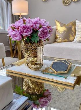 镀金漆边天然大理石艺术家居餐桌软装摆件装饰品工艺品收纳盒杯垫