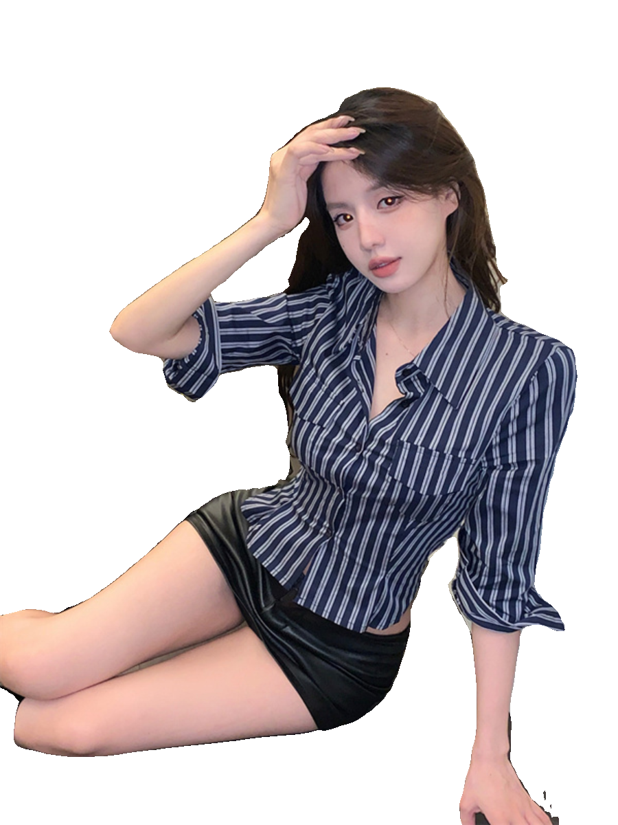纯欲风美式辣妹条纹长袖衬衫女修身性感收腰短款衬衣设计感上衣秋,淘宝优惠券,粉丝福利购,淘宝优惠卷