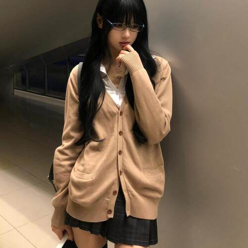 学院风原创JK制服老头衫毛衣外套女日系宽松长袖纯色针织秋冬开衫 - 图3