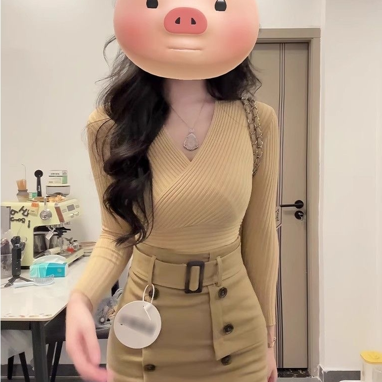 纯欲风穿搭女辣妹V领修身针织毛衣上衣高腰短裙包臀裙套装秋冬季,淘宝优惠券,粉丝福利购,淘宝优惠卷